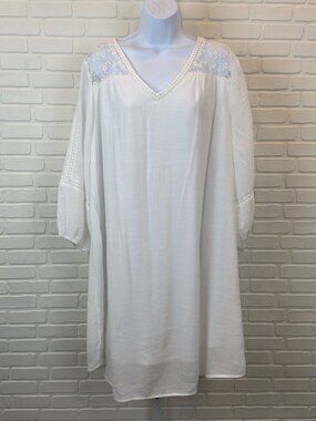 Indigo Rose Embroidered Lace Yoke Shift Dress White 2X